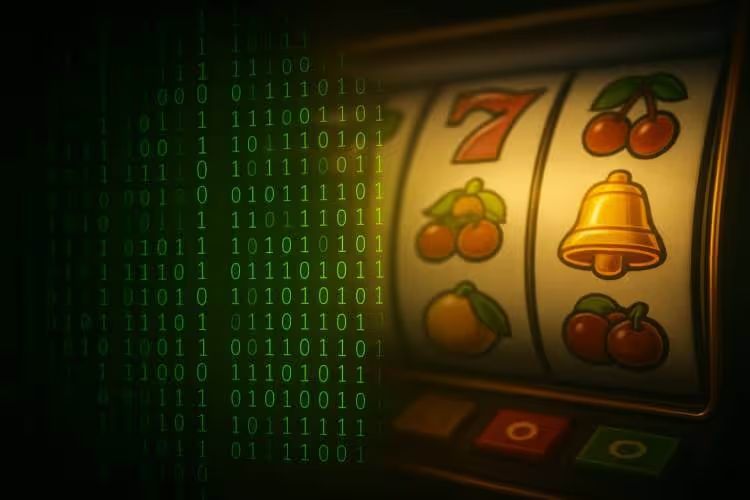 A realistic digital image of a slot machine with glowing symbols and cascading green binary code, illustrating how RNG technology ensures fairness in online casino games.