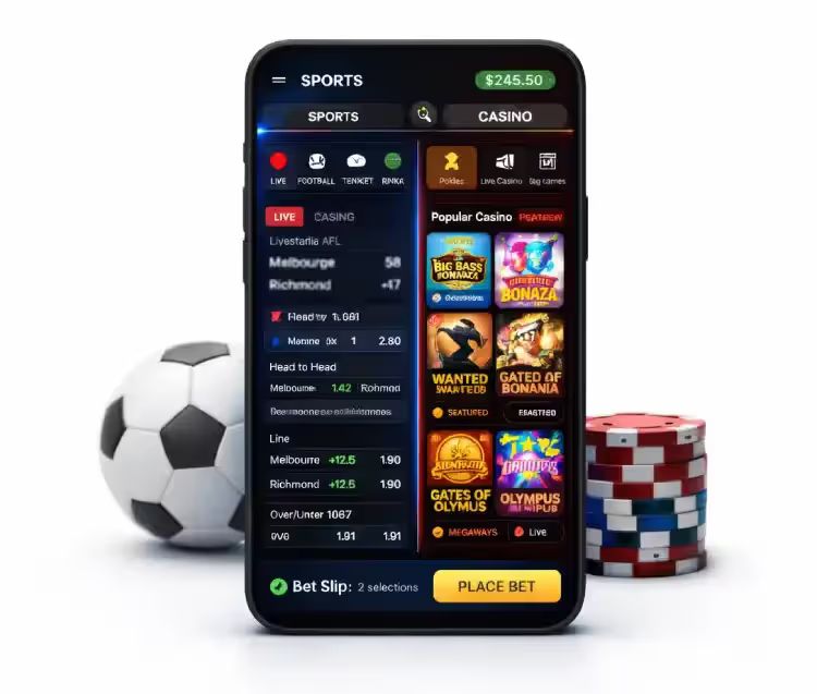 Mobile casino and sportsbook app showing pokies and sports betting in one platform