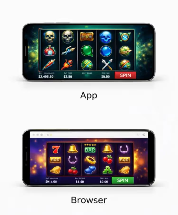 Mobile casino app vs browser gameplay on smartphone showing different interfaces