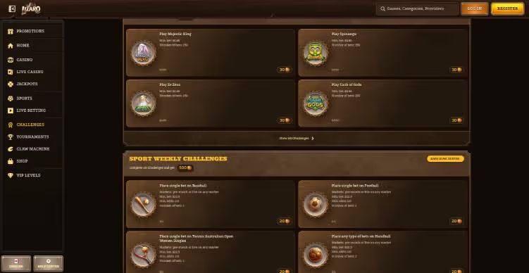 lizaro casino challanges screenshot
