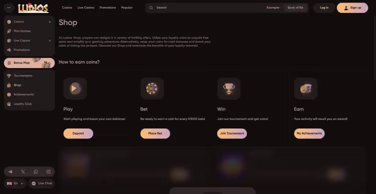 Ludios Casino bonus shop screenshot