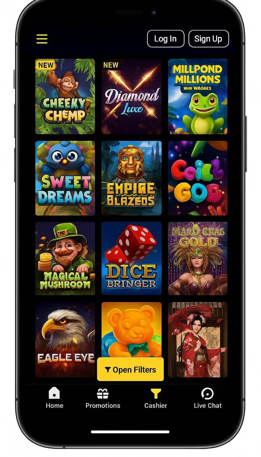 Grand Eagle Casino mobile slots lobby displaying slot thumbnails in a grid layout.
