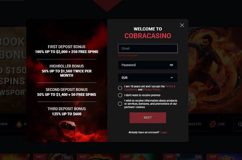cobra casino new player login