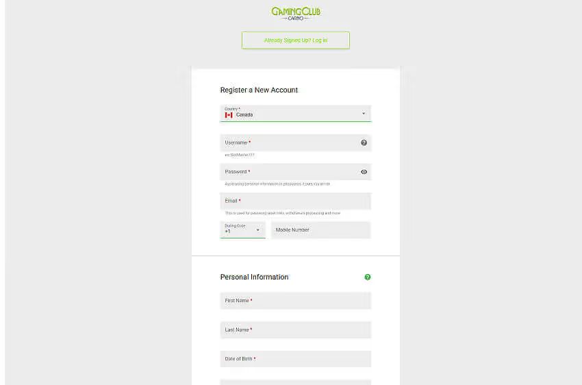 gaming club casino new player login