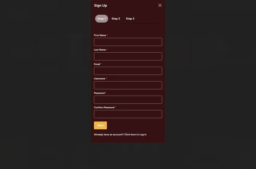 registration form at Grande Vegas Casino