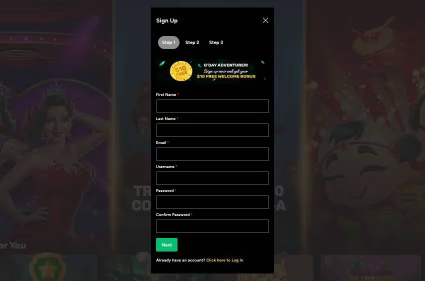 ozwin casino review image of sign up process