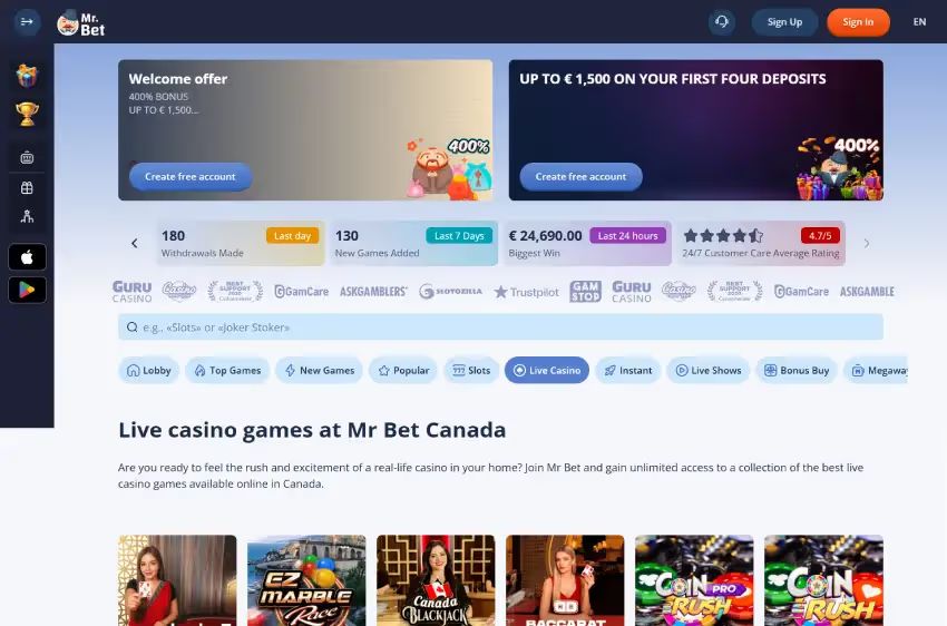 ミスター・ベット ライブカジノページ（デスクトップビュー）