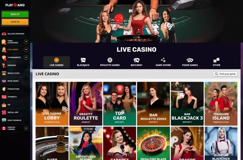 プレイアモカジノ ライブカジノページ（デスクトップビュー）