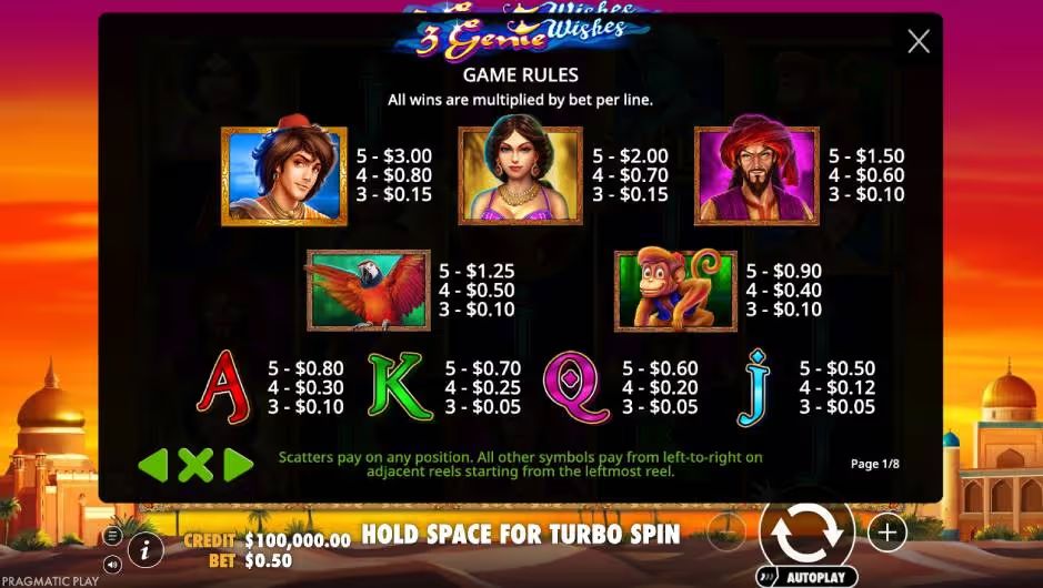 3 Genie Wishes Slot Game Rules screenshot