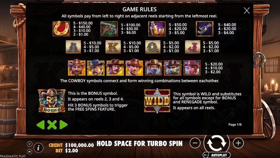 Cowboys Gold Slot Game Rules Screenshot