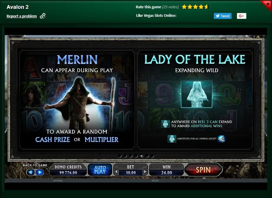 Avalon II Slot Game: Merlin feature (random cash prize or multiplier), Lady of the Lake expanding wild.